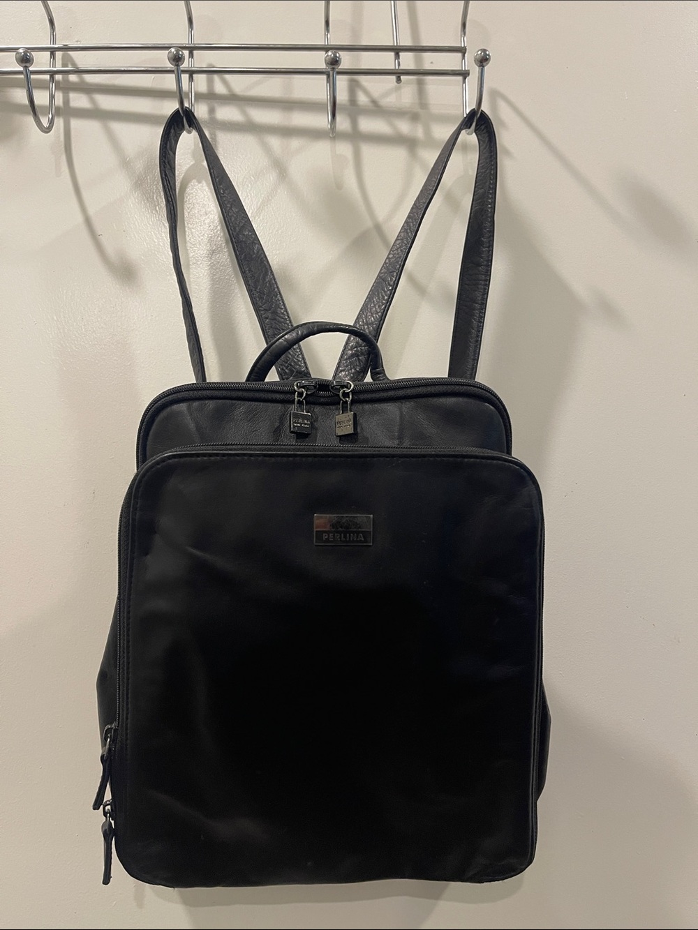 Perlina Black Leather Women’s Backpack with Leather-Trim Straps